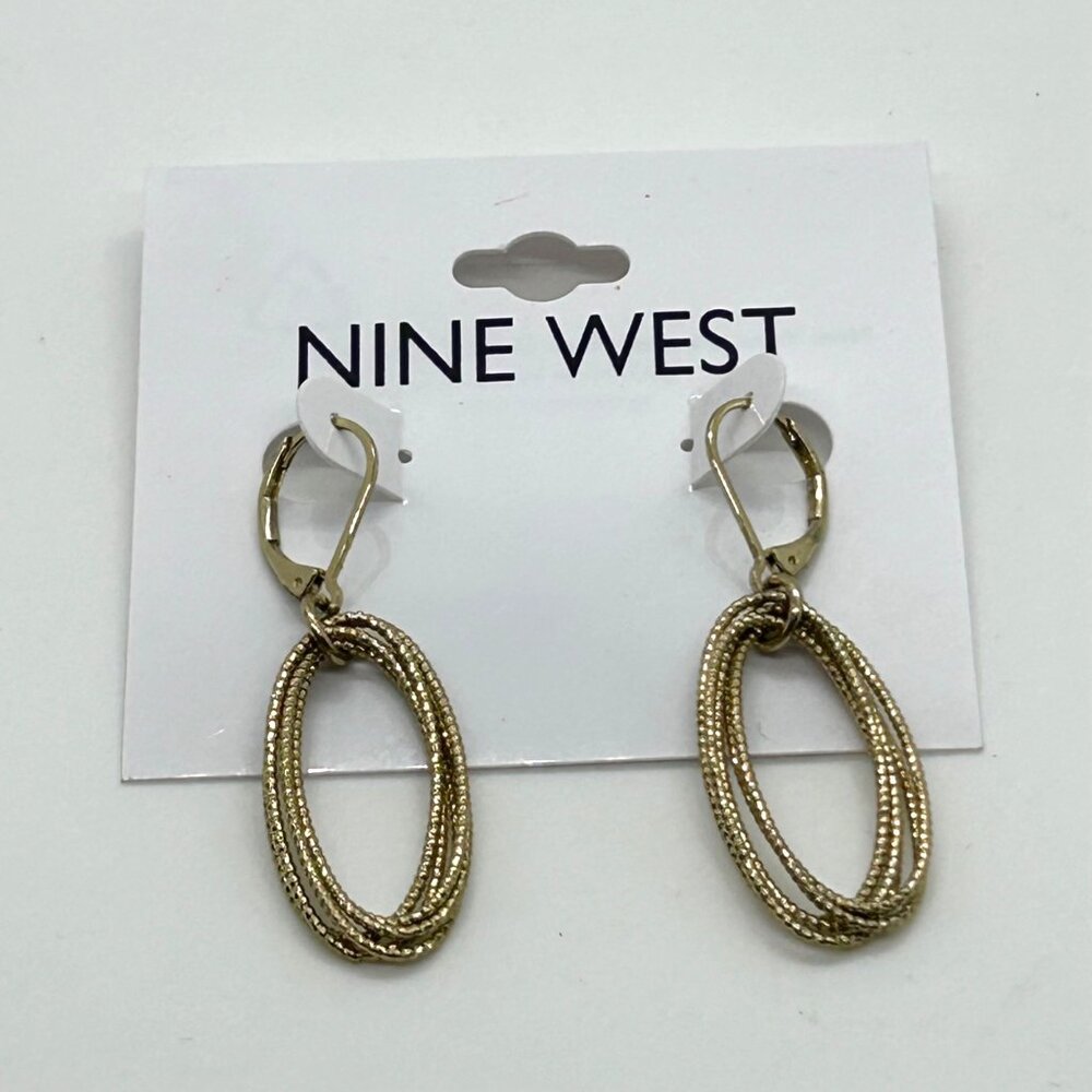 Nine West Earrings Gold-Tone Textured Oval Drop With Leverback Closure - Picture 2 of 11